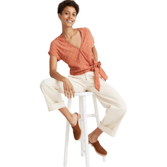 Madewell Women's XS Peach Sash-Tie Wrap Top in Polka Dot - Picture 1 of 8